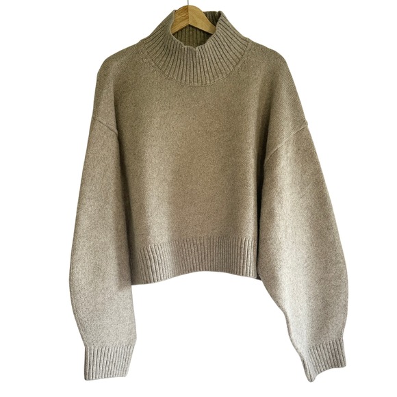 H&M Women's Large Taupe Ribbed Knit Mock Neck Long Sleeve Cropped Sweater - Picture 1 of 5